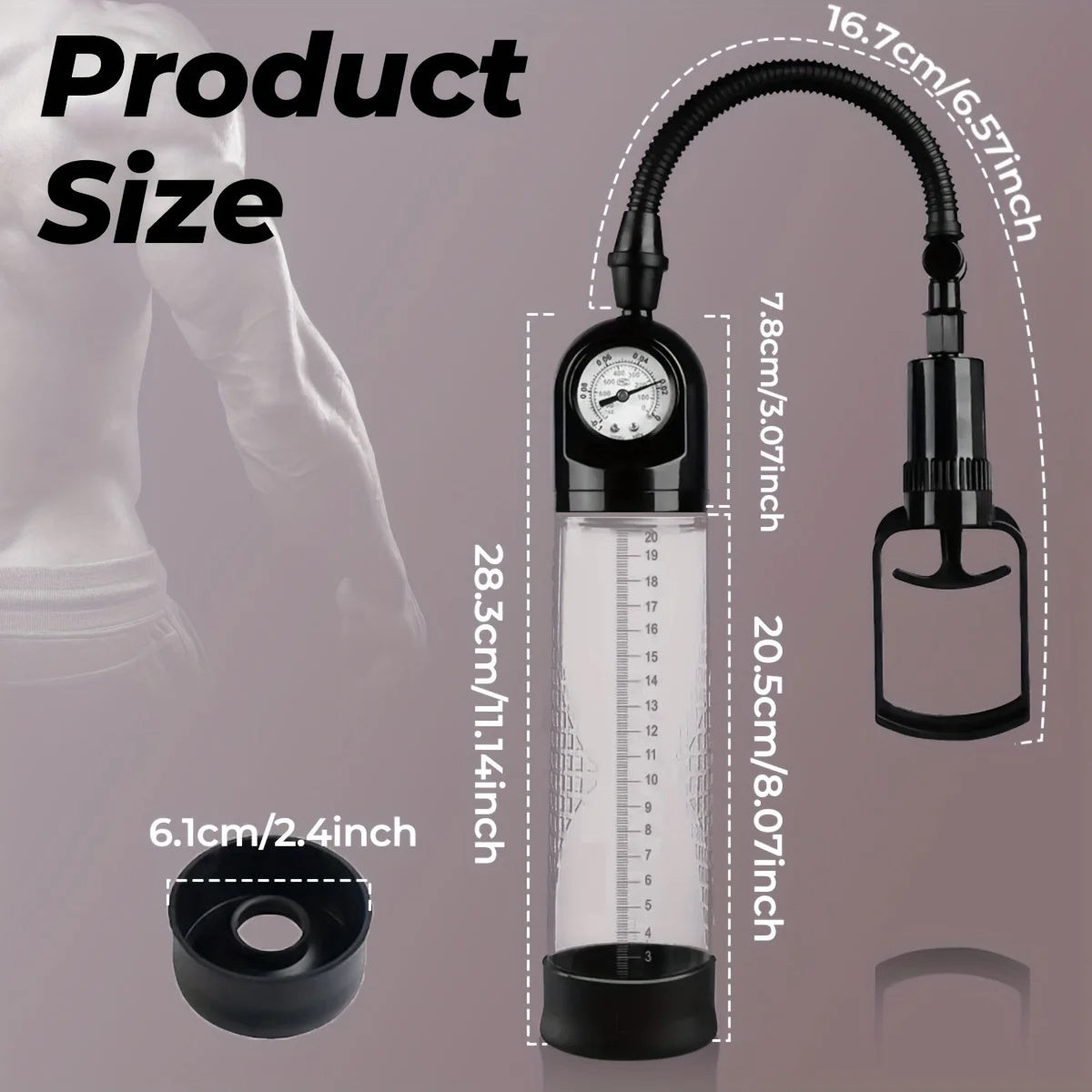 Male vacuum pump toy with pressure gauge