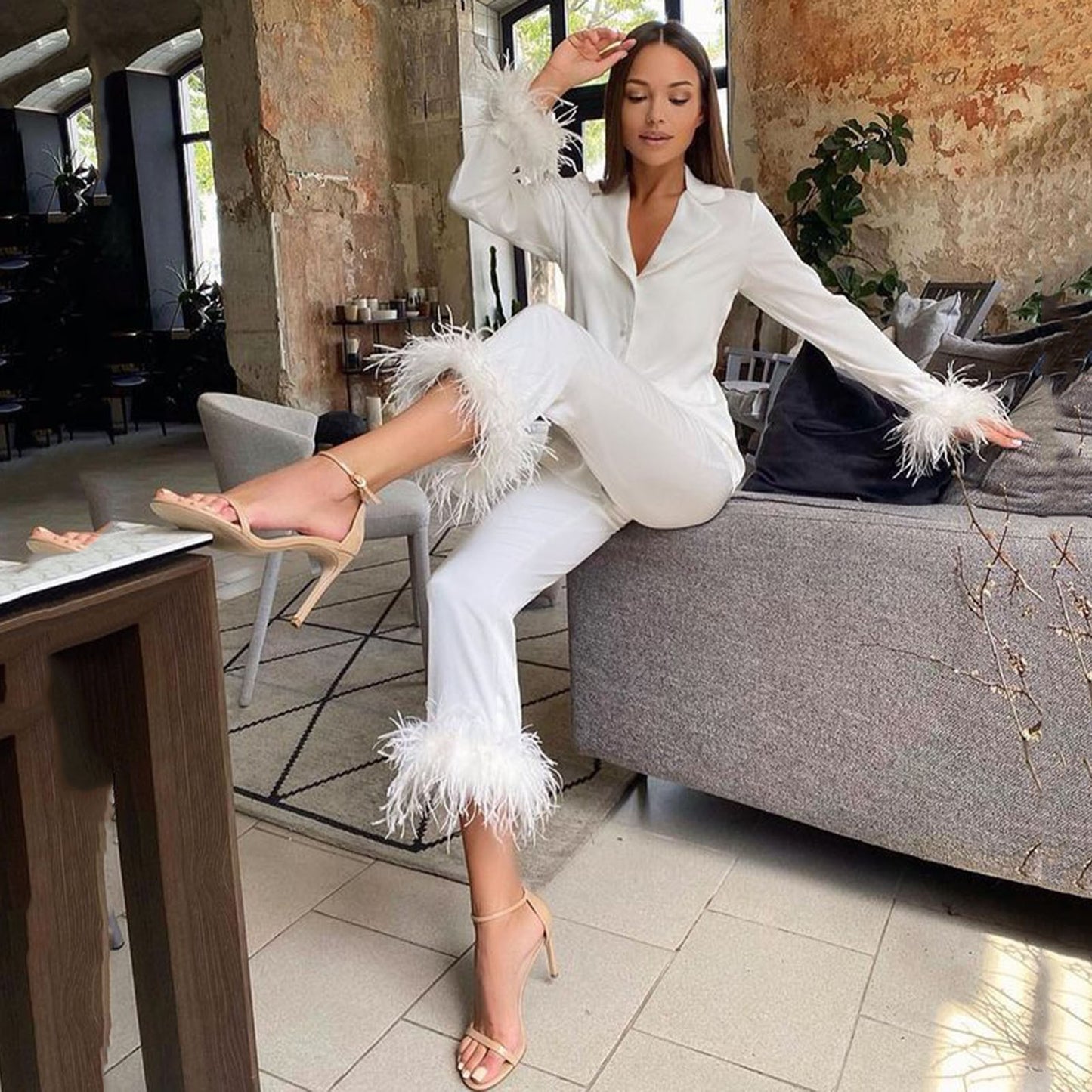2Pcs Women Pajamas Set Spring Summer Casual Lapel Tops + Feather Pants