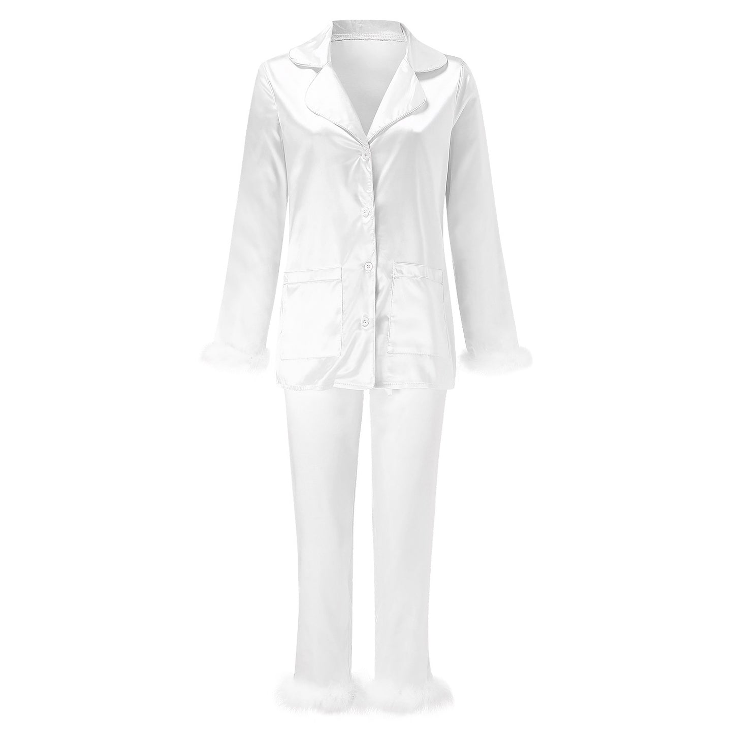 2Pcs Women Pajamas Set Spring Summer Casual Lapel Tops + Feather Pants