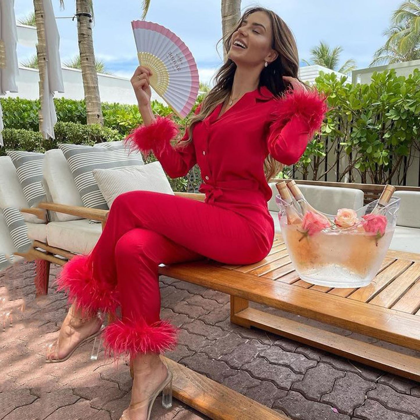 2Pcs Women Pajamas Set Spring Summer Casual Lapel Tops + Feather Pants