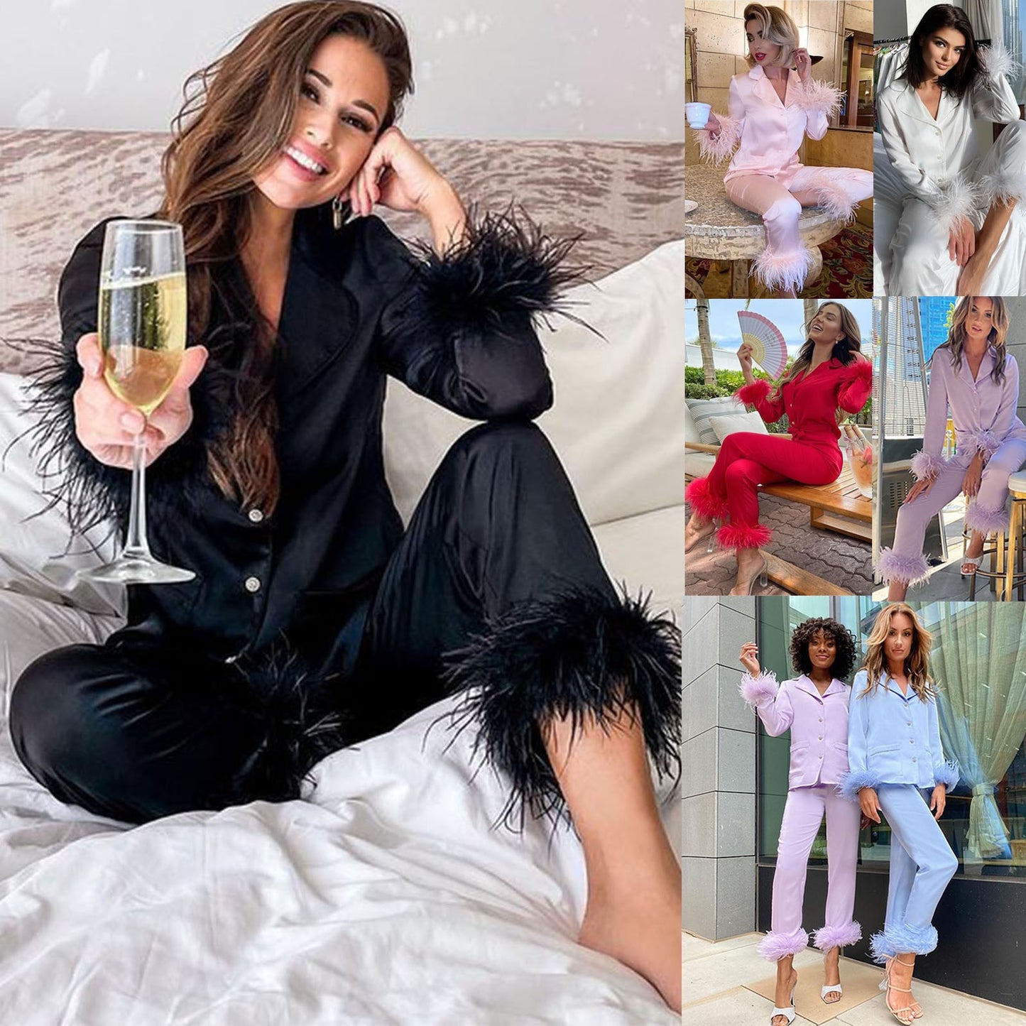 2Pcs Women Pajamas Set Spring Summer Casual Lapel Tops + Feather Pants