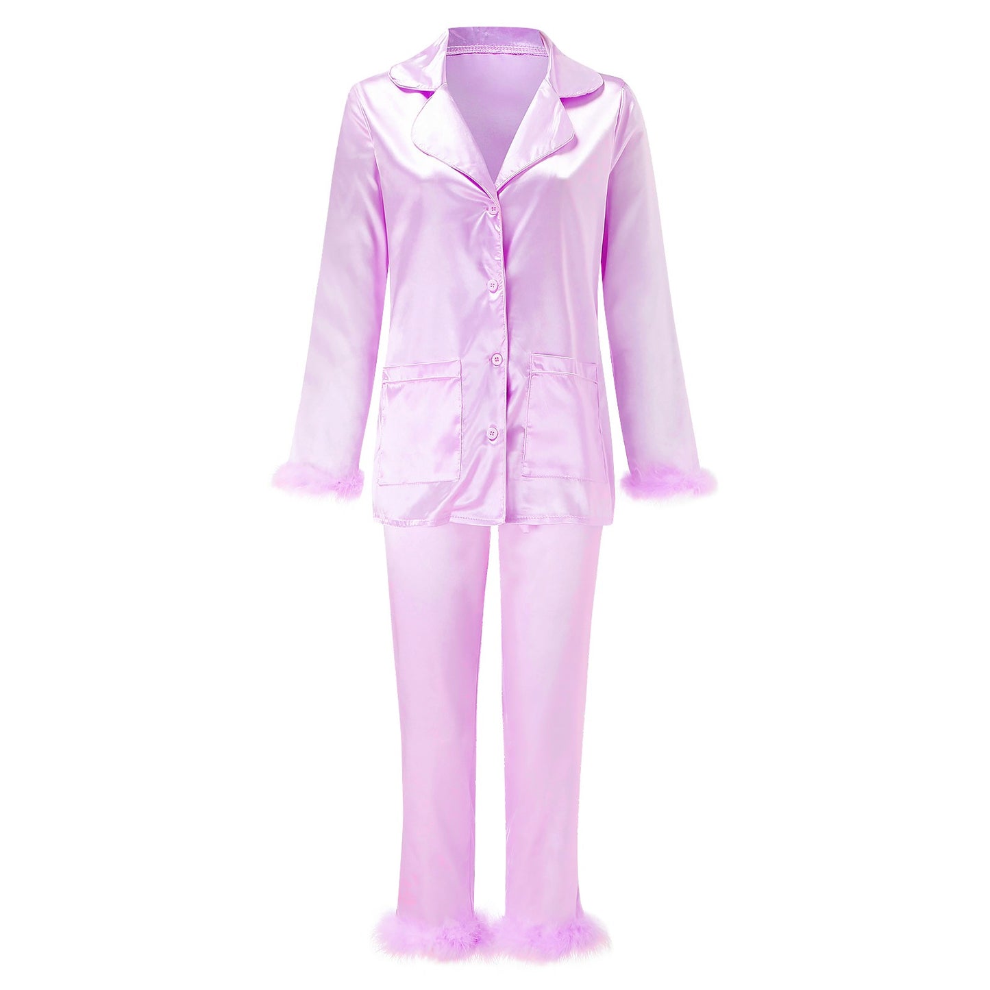 2Pcs Women Pajamas Set Spring Summer Casual Lapel Tops + Feather Pants