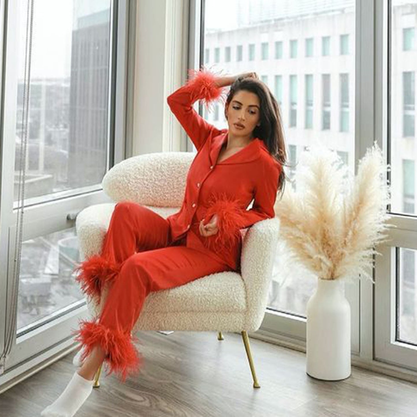 2Pcs Women Pajamas Set Spring Summer Casual Lapel Tops + Feather Pants
