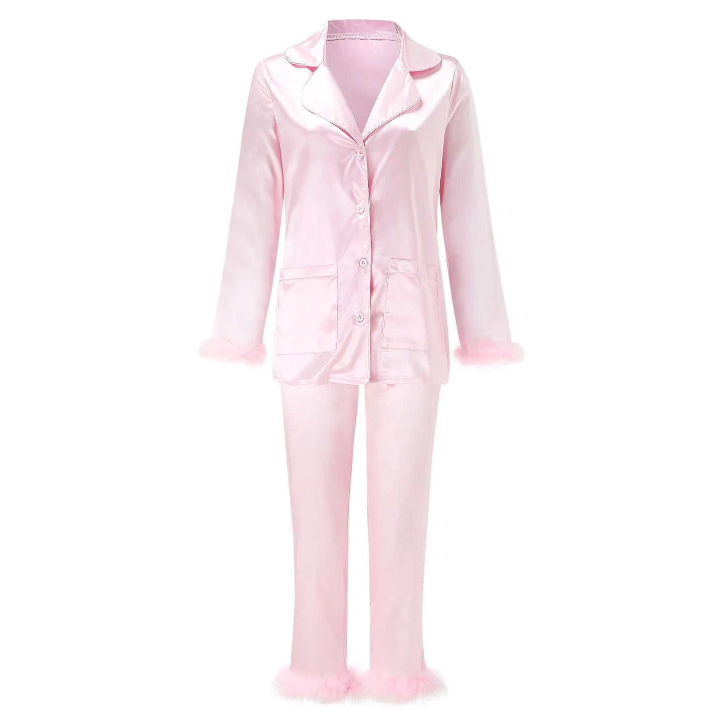 2Pcs Women Pajamas Set Spring Summer Casual Lapel Tops + Feather Pants