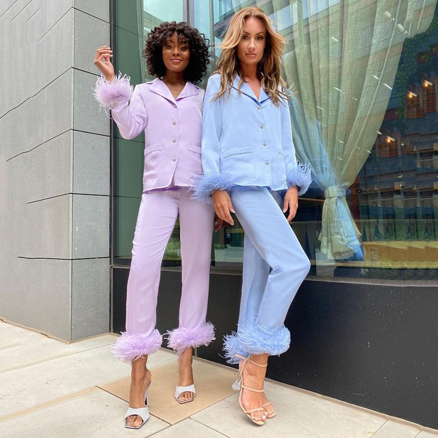 2Pcs Women Pajamas Set Spring Summer Casual Lapel Tops + Feather Pants