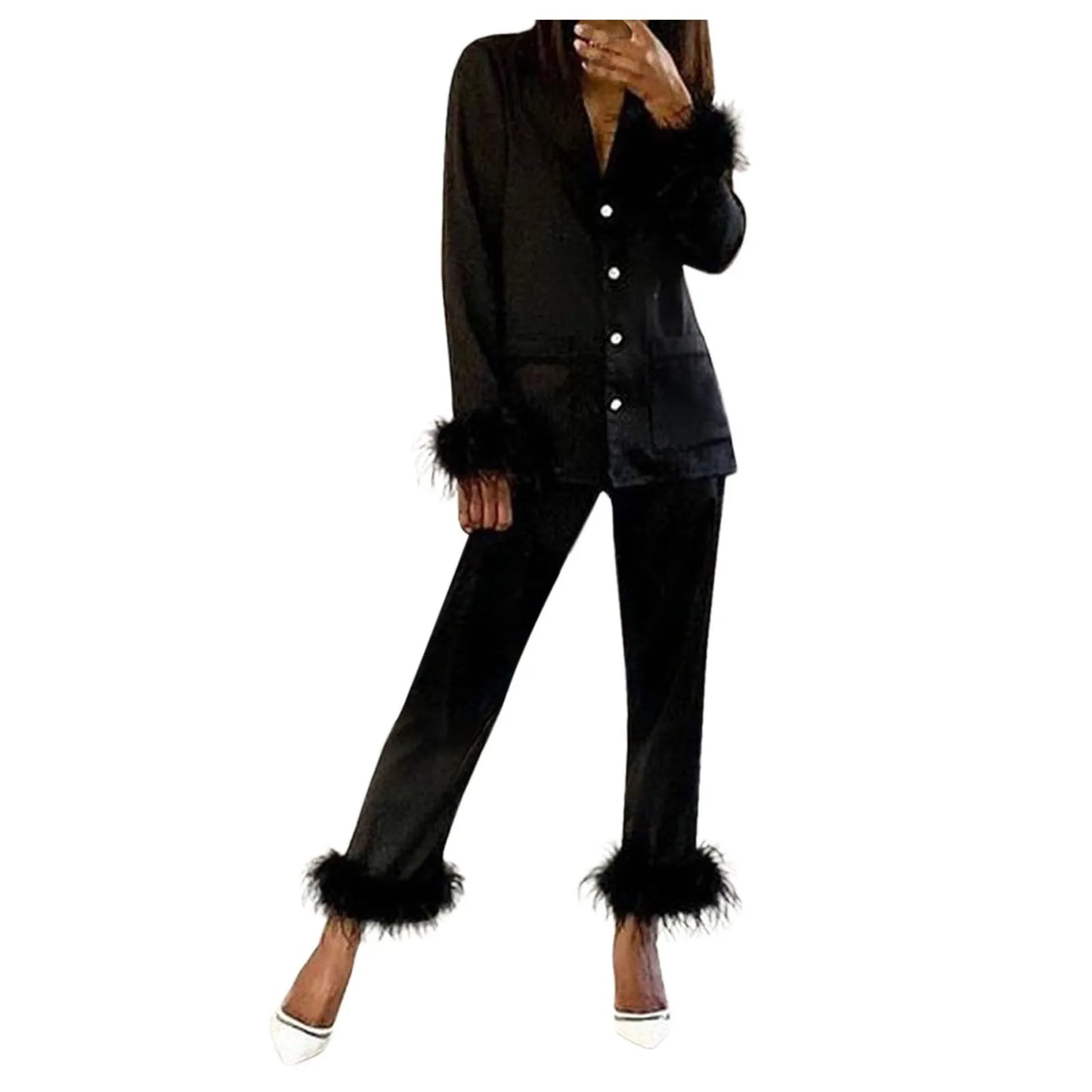 2Pcs Women Pajamas Set Spring Summer Casual Lapel Tops + Feather Pants