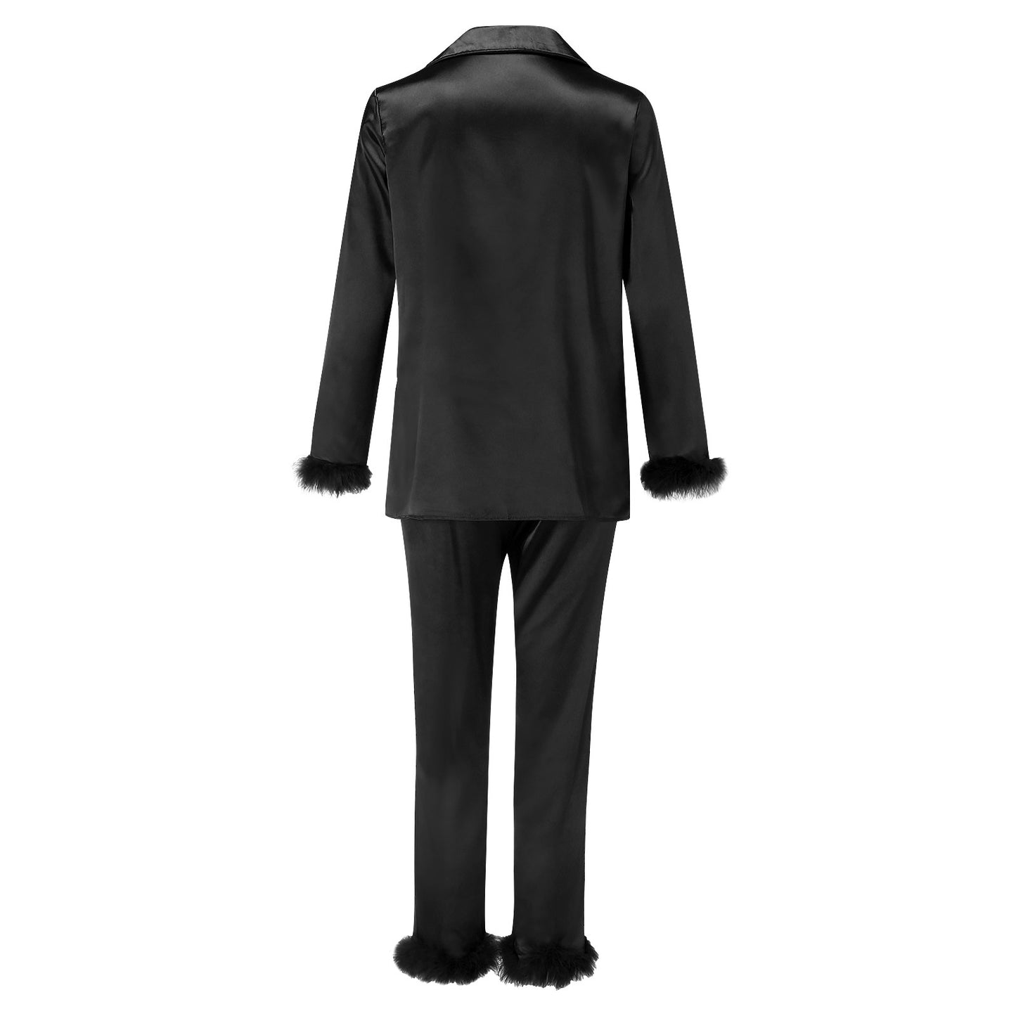 2Pcs Women Pajamas Set Spring Summer Casual Lapel Tops + Feather Pants