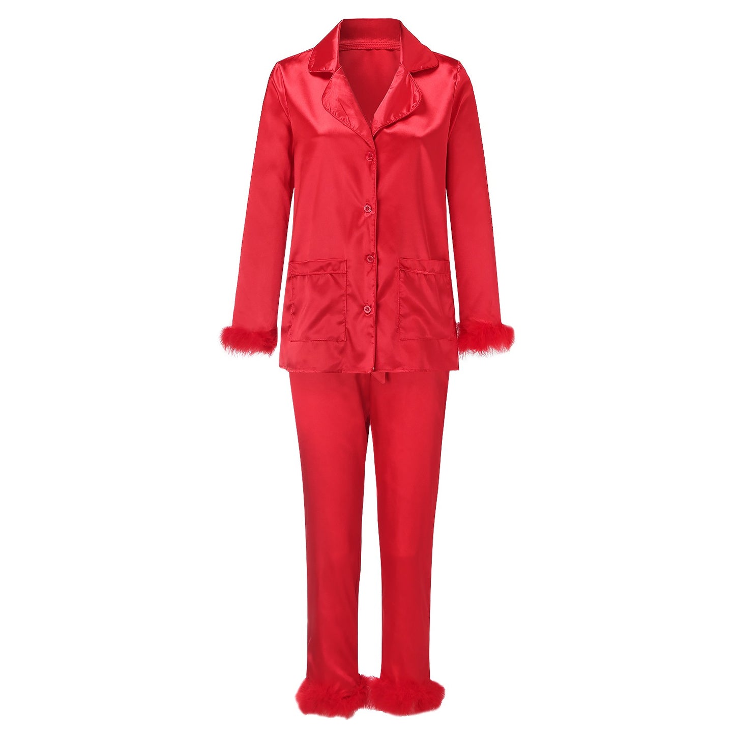 2Pcs Women Pajamas Set Spring Summer Casual Lapel Tops + Feather Pants