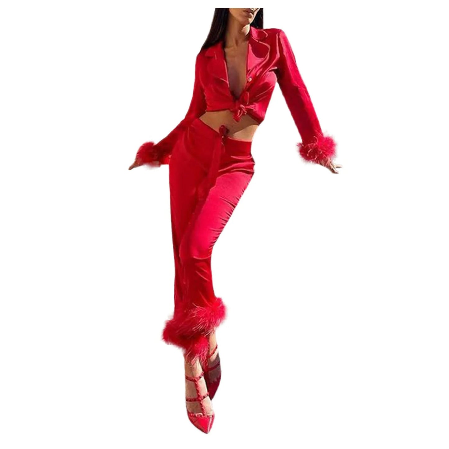 2Pcs Women Pajamas Set Spring Summer Casual Lapel Tops + Feather Pants