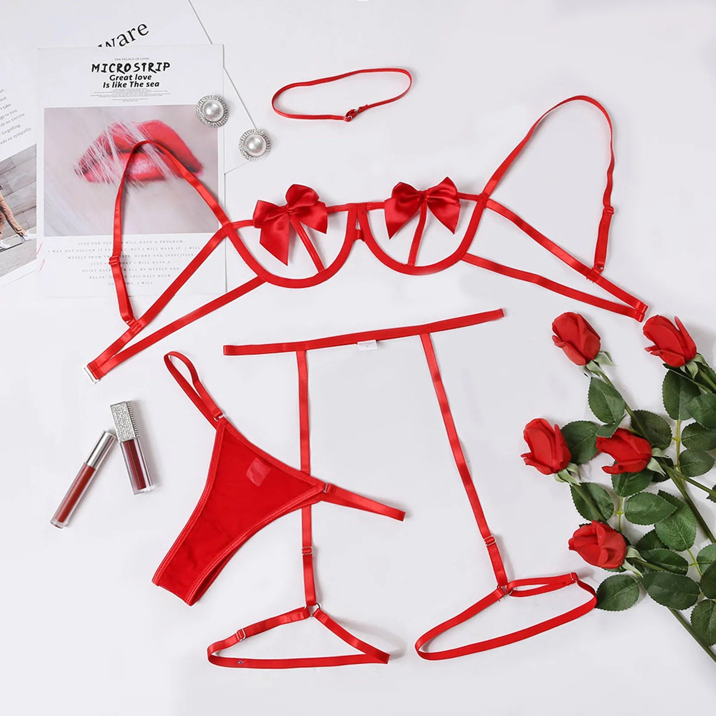 Women Sexy Lingerie Set Bowknot Bralette Adjustable Straps