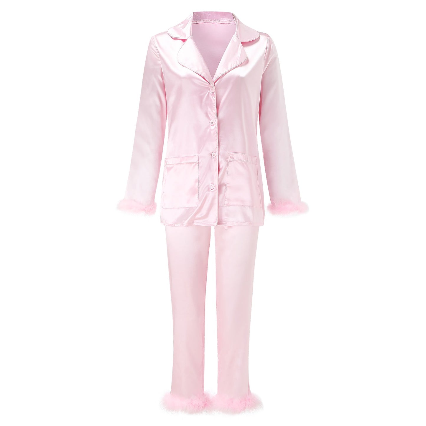 2Pcs Women Pajamas Set Spring Summer Casual Lapel Tops + Feather Pants