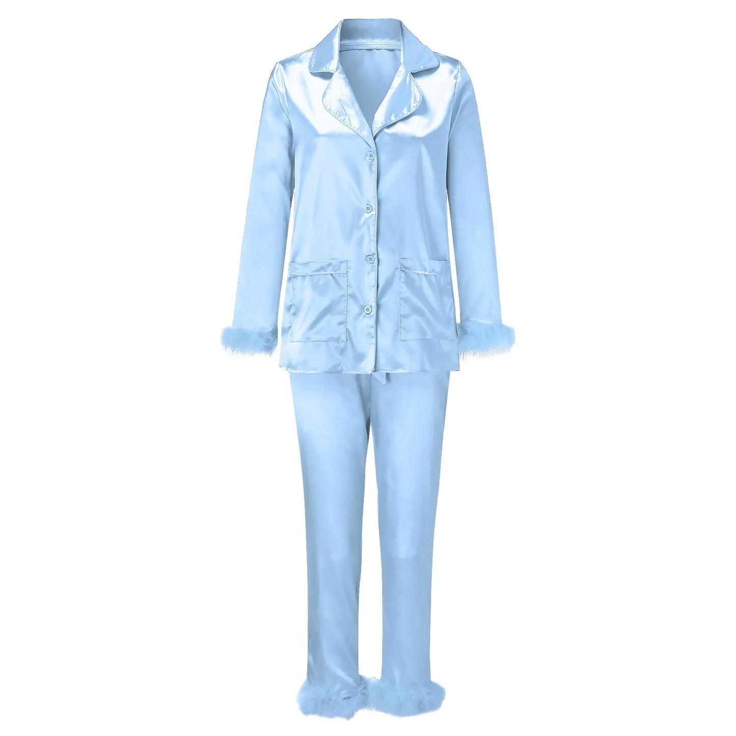 2Pcs Women Pajamas Set Spring Summer Casual Lapel Tops + Feather Pants