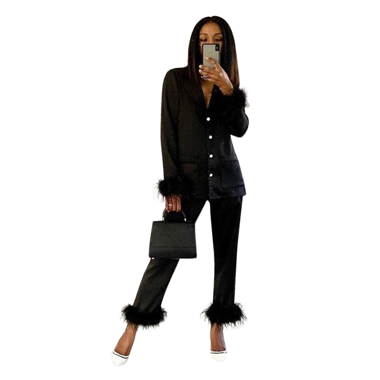 2Pcs Women Pajamas Set Spring Summer Casual Lapel Tops + Feather Pants