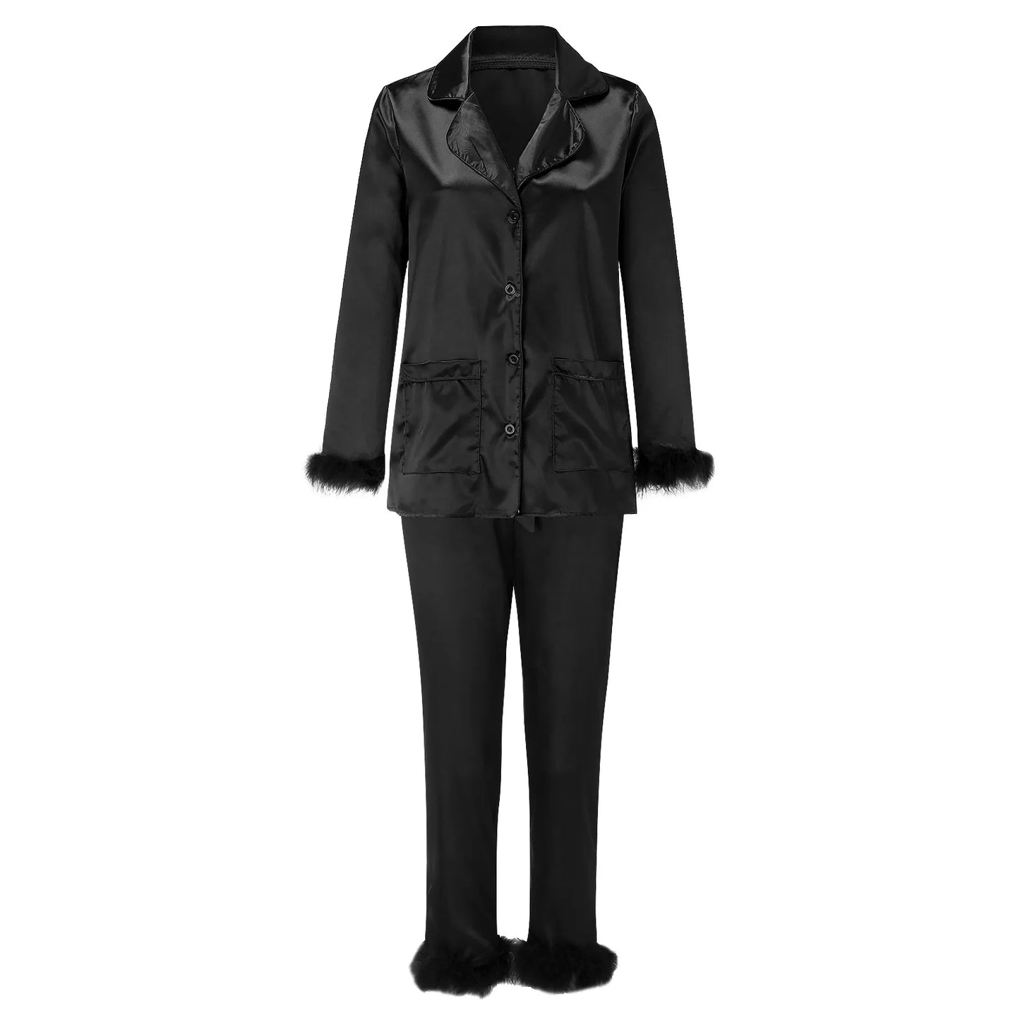 2Pcs Women Pajamas Set Spring Summer Casual Lapel Tops + Feather Pants