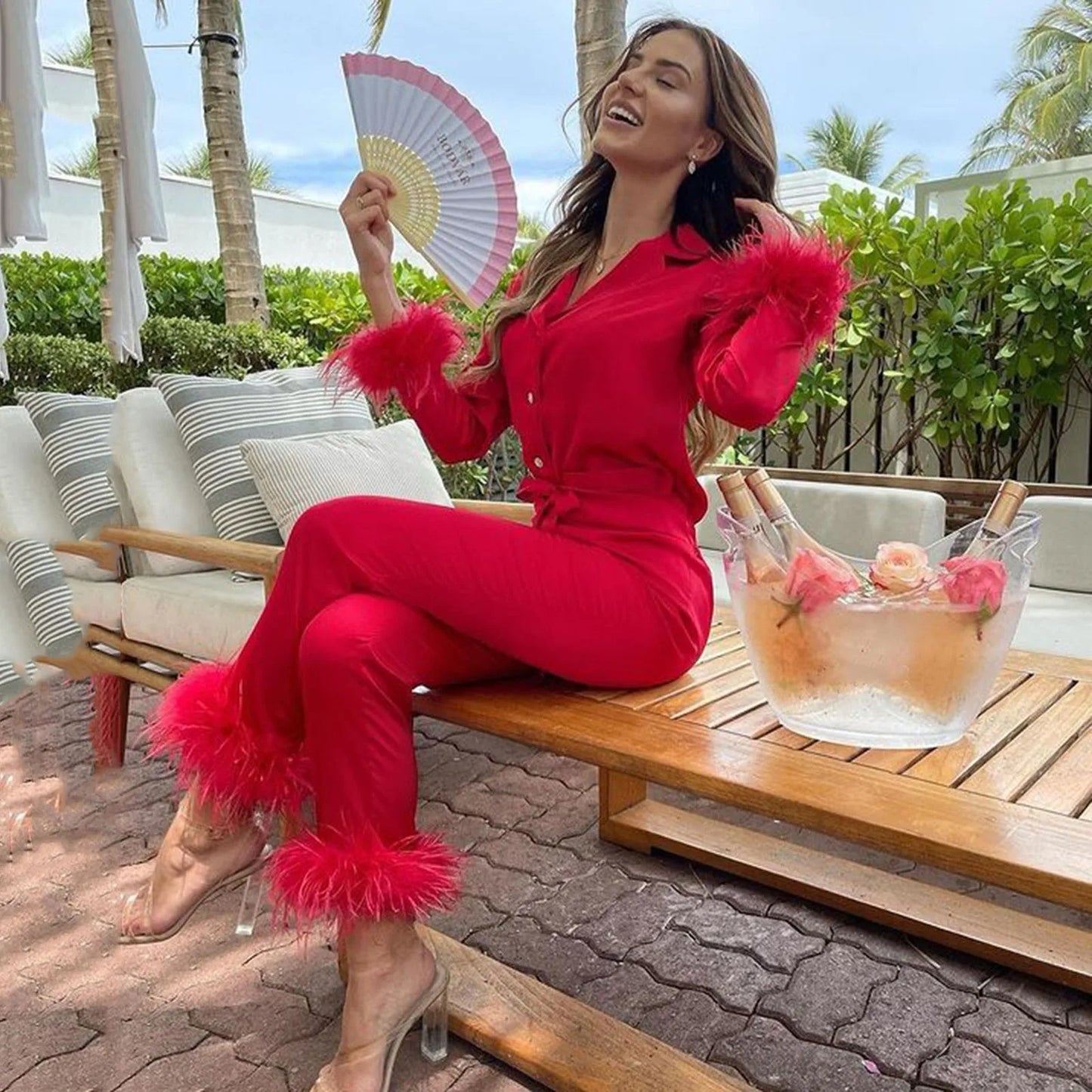 2Pcs Women Pajamas Set Spring Summer Casual Lapel Tops + Feather Pants