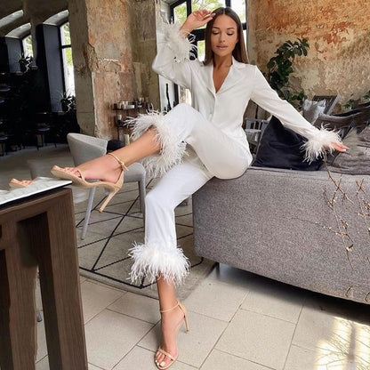 2Pcs Women Pajamas Set Spring Summer Casual Lapel Tops + Feather Pants