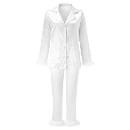 2Pcs Women Pajamas Set Spring Summer Casual Lapel Tops + Feather Pants