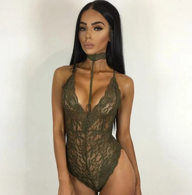 Sexy Woman Underwear Black Floral Lace Sleepwear Choker V-Neck Bodysuit