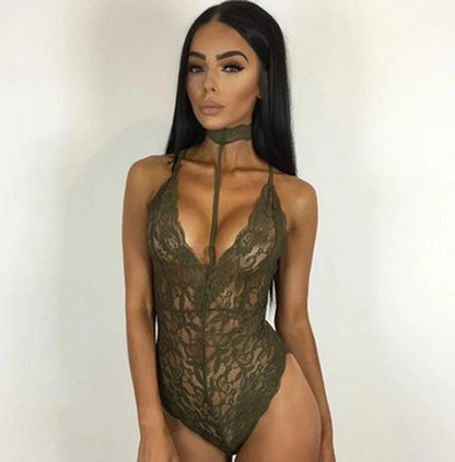 Sexy Woman Underwear Black Floral Lace Sleepwear Choker V-Neck Bodysuit