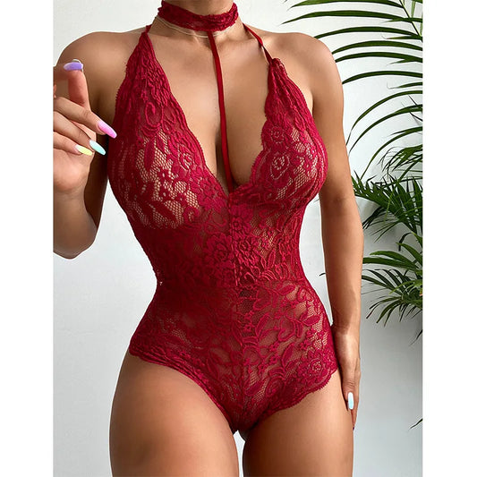 Sexy Woman Underwear Black Floral Lace Sleepwear Choker V-Neck Bodysuit