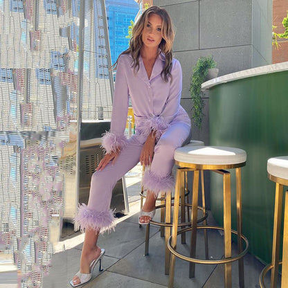 2Pcs Women Pajamas Set Spring Summer Casual Lapel Tops + Feather Pants