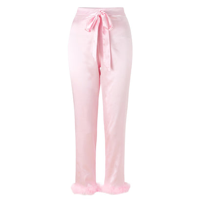 2Pcs Women Pajamas Set Spring Summer Casual Lapel Tops + Feather Pants