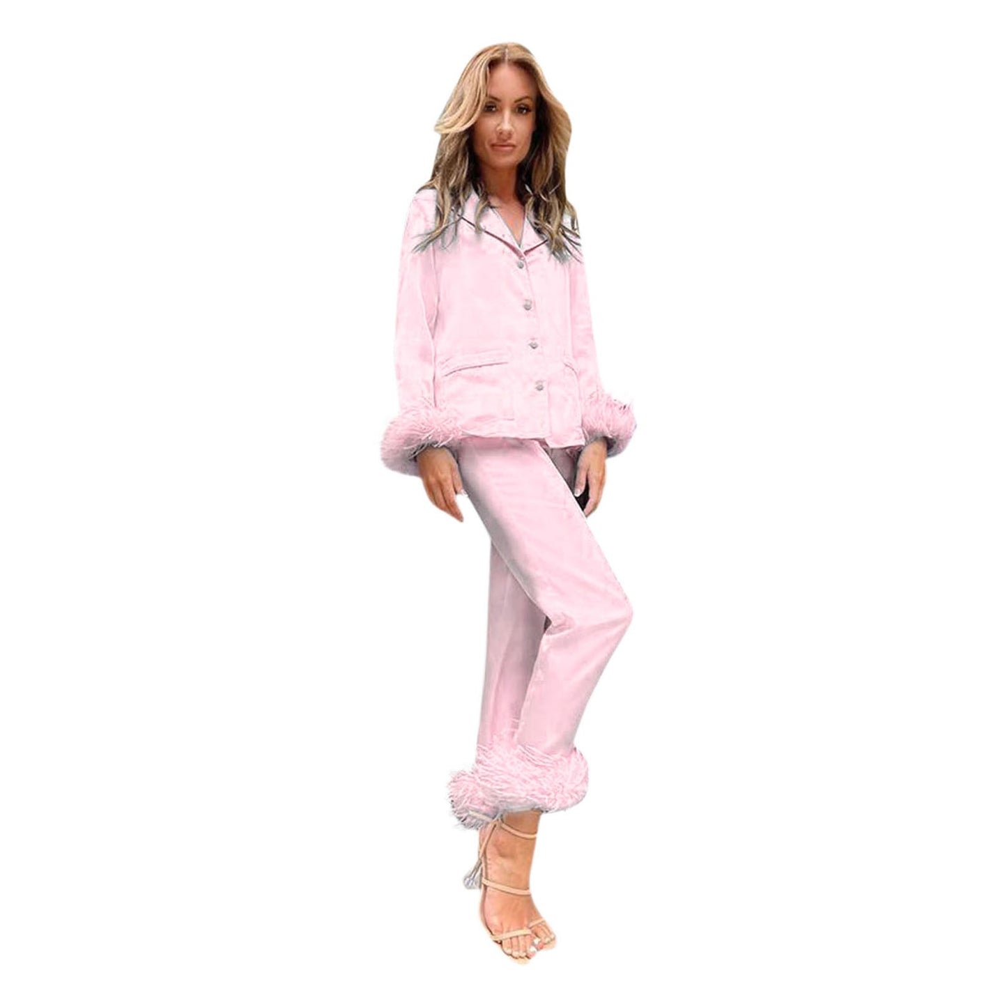 2Pcs Women Pajamas Set Spring Summer Casual Lapel Tops + Feather Pants