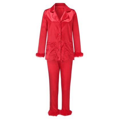 2Pcs Women Pajamas Set Spring Summer Casual Lapel Tops + Feather Pants