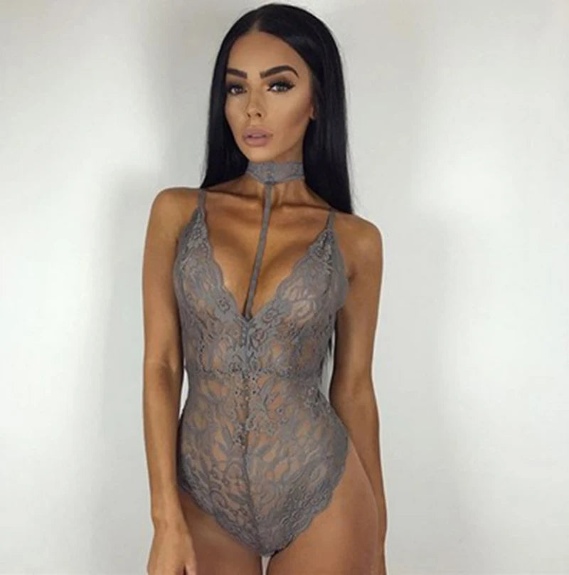 Sexy Woman Underwear Black Floral Lace Sleepwear Choker V-Neck Bodysuit