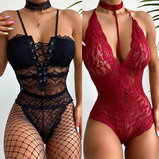 Sexy Woman Underwear Black Floral Lace Sleepwear Choker V-Neck Bodysuit