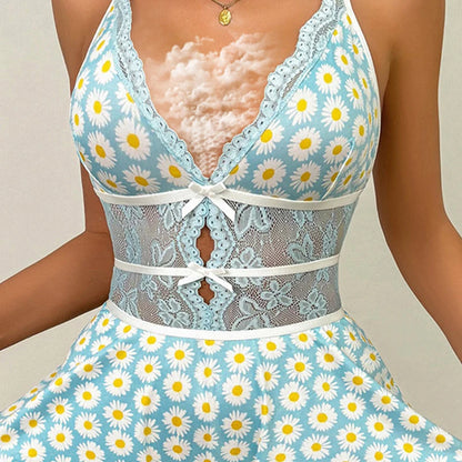 New Deep-V Seamless Floral Bodysuit Ruffled Sexy Lingerie