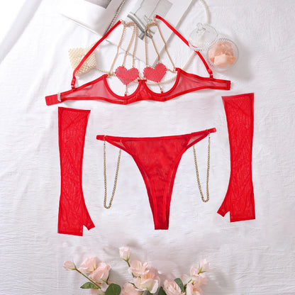 Red Sexy See-through Mesh Hollowed Out Heart Patch Metal Chain Bra Set