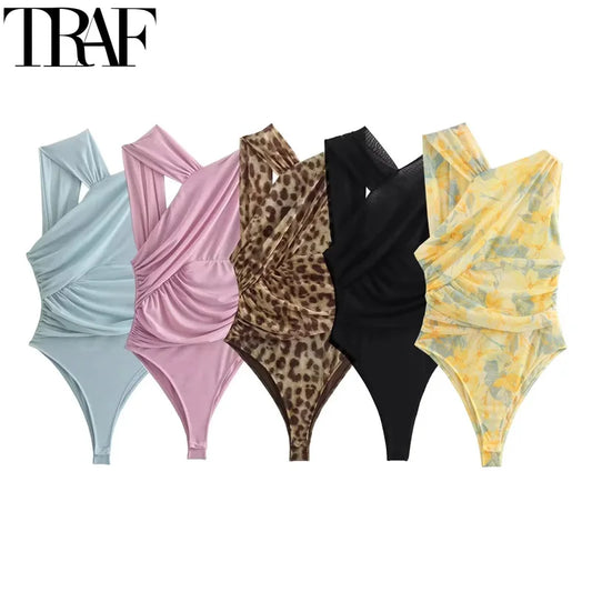 TRAF Asymmetric Leopard Tulle Bodys Woman Ruched Sleeveless