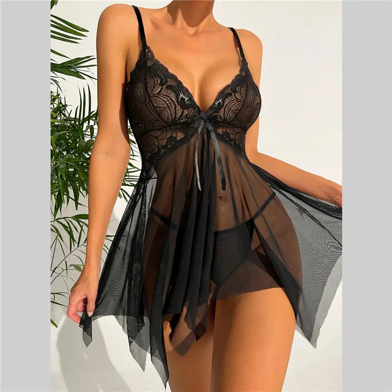 Babydoll Teddy Dress Erotic Underwear Nightdress With Thong Sleepwear
