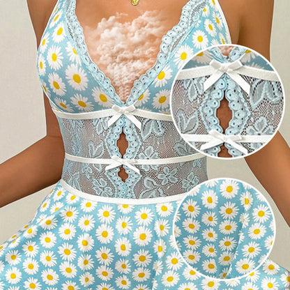 New Deep-V Seamless Floral Bodysuit Ruffled Sexy Lingerie