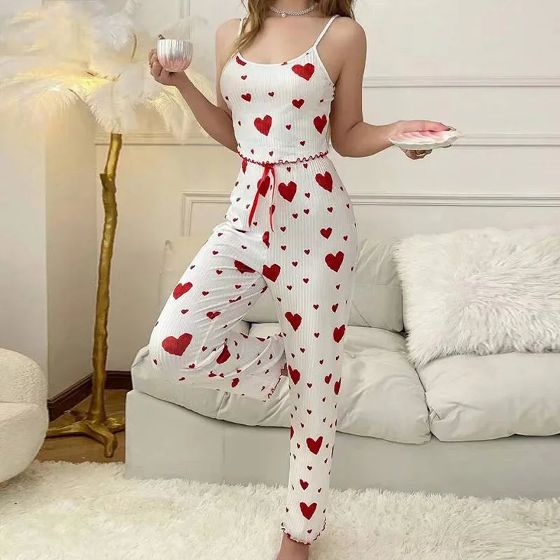 Autumn Winter Sleepwear Heart Print Sleeveless Cami