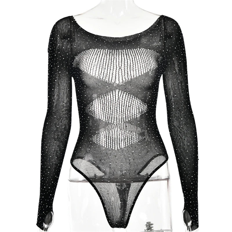 Women's Mesh Lingerie Rhinestone Body Long Sleeve Mesh Bodystockings