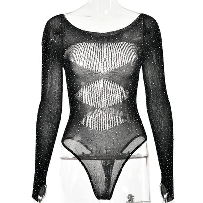 Women's Mesh Lingerie Rhinestone Body Long Sleeve Mesh Bodystockings