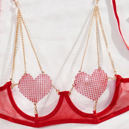 Red Sexy See-through Mesh Hollowed Out Heart Patch Metal Chain Bra Set