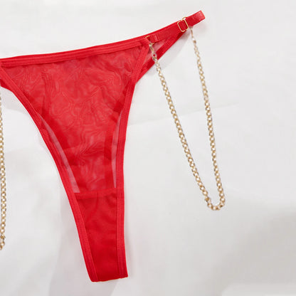 Red Sexy See-through Mesh Hollowed Out Heart Patch Metal Chain Bra Set