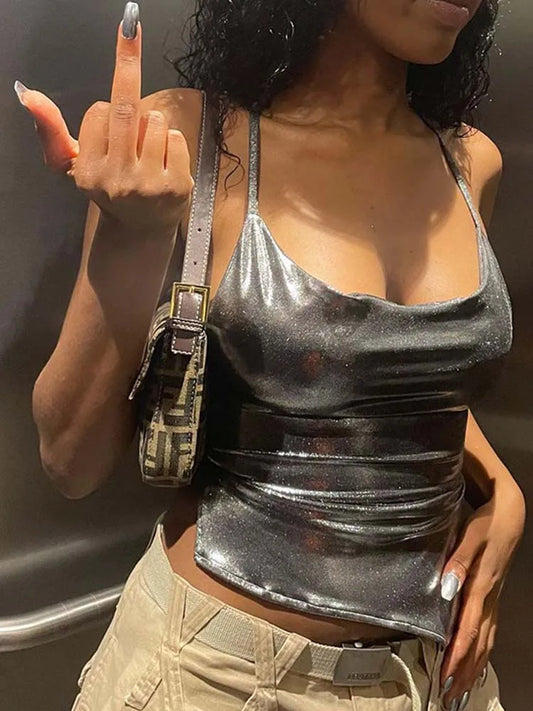 Solid Color Shiny Bodycon Sexy Style Vest Top