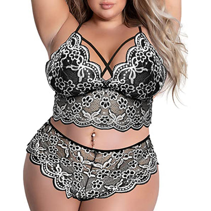 Plus Size Lace Embroidery Bra & Brief Set