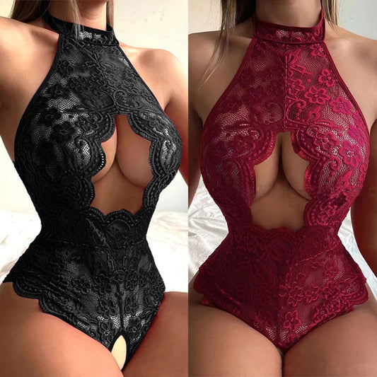 Hot Sexy Lingerie For Woman Lace Transparent Bra Perspective Crotchless Bodysuit