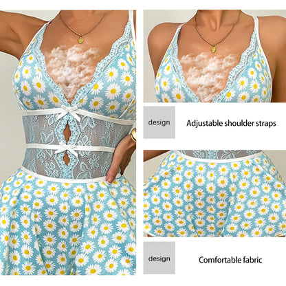 New Deep-V Seamless Floral Bodysuit Ruffled Sexy Lingerie