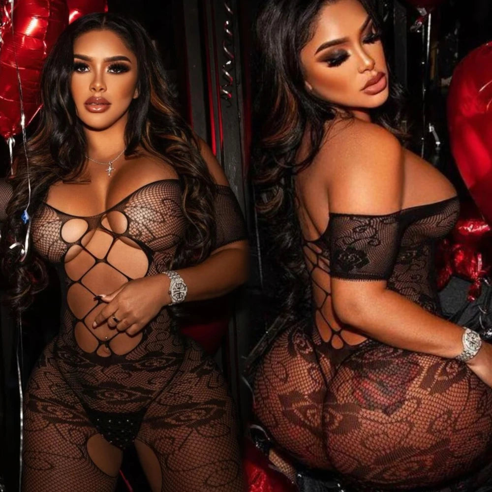 Hot Black Sexy Lingerie Crotchless Transparent Fishnet Women Bodystockings
