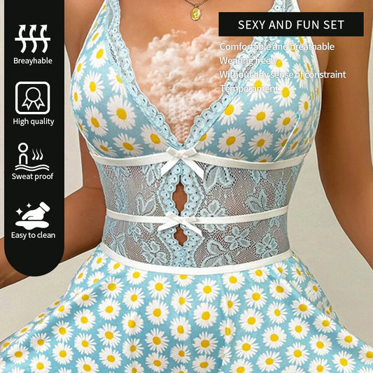 New Deep-V Seamless Floral Bodysuit Ruffled Sexy Lingerie