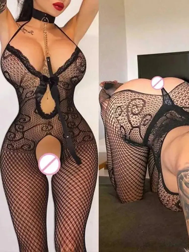 Hot Black Sexy Lingerie Crotchless Transparent Fishnet Women Bodystockings