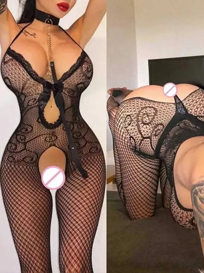 Hot Black Sexy Lingerie Crotchless Transparent Fishnet Women Bodystockings