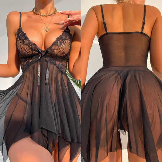 Sexy Nightwear Black Lace Mesh Perspective Exotic Dress