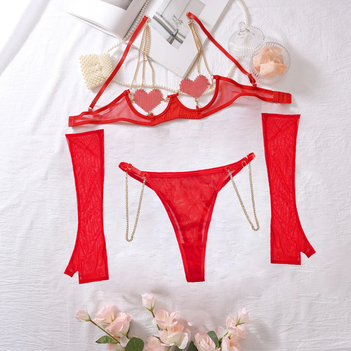 Red Sexy See-through Mesh Hollowed Out Heart Patch Metal Chain Bra Set
